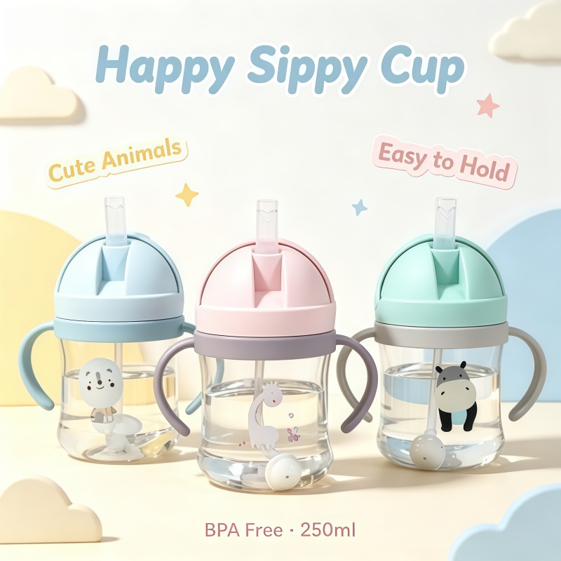 Baby Products Expo - ขวดน้ำเด็กแบบพกพาพร้อมหลอดดูด ลายการ์ตูนใหม่ สำหรับเด็กเล็ก ฝึกดื่มน้ำ พร้อมหูจับ